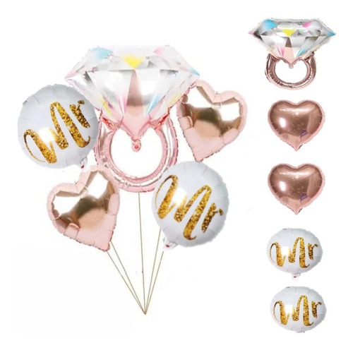 Kit 5 Globos Anillo Compromiso Diamante Corazon Boda Fiestas