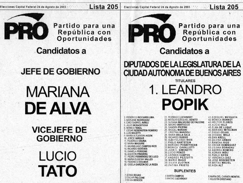 Boleta Electoral  Pro  Jefe De Gobierno - M. De Alva    2003