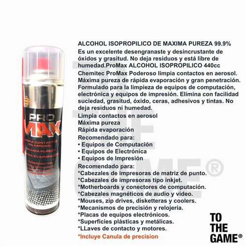 Imagen 2 de 6 de Alcohol Isopropílico Aerosol 440ml Maxima Pureza Limpia Pro