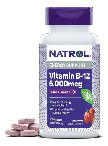 Vitamina B-12 Sublingual 5000 Mcg 100 Tabletes Natrol Eua Morango