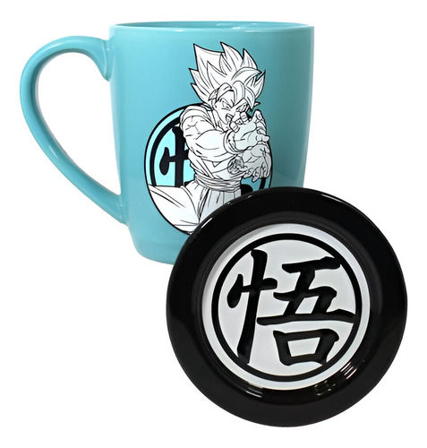 Taza Dragón Ball Con Portavasos Goku Super Saiyan Color Celeste