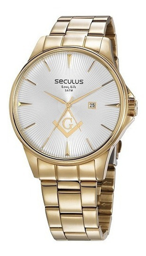 Relógio Seculus Masculino Analógico Dourado Maçonaria