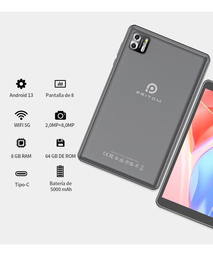 Tablet Pritom 8 Android 13 Tableta Octa core 8gb mas 64gb Rom Gris
