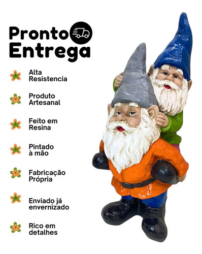 Anão Gnomo Duplo Grande Enfeite De Jardim Área Externa Cinza E Azul