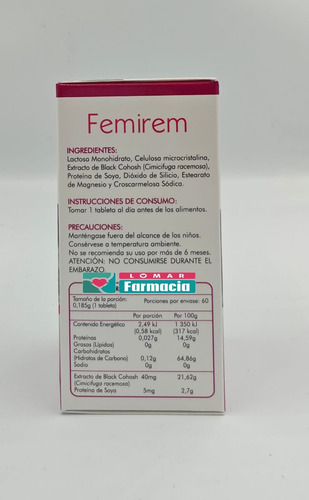 6 Pack Femirem, Extracto De Black Cohosh Y Soya, 60 Tabs. Sin Sabor