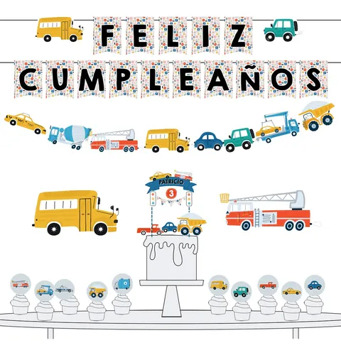 Kit Cumple Deco Toppers Banderín Transportes Autos Policía