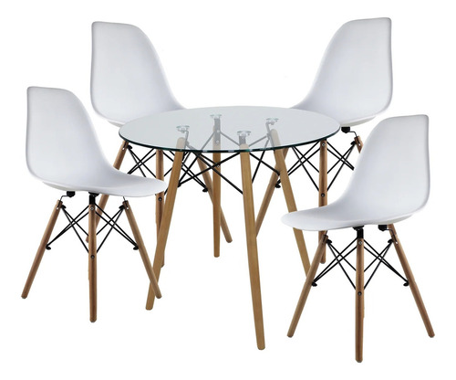 Set Comedor Mundo In Cristal Con 4 Sillas Eames Redondo 80cm De Polipropileno Color Blanco