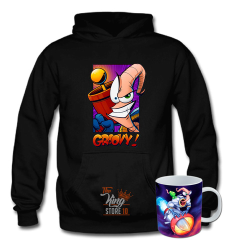 Poleron + Taza, Earthworm Jim Groovy, Videojuego, Sega, Xxxl