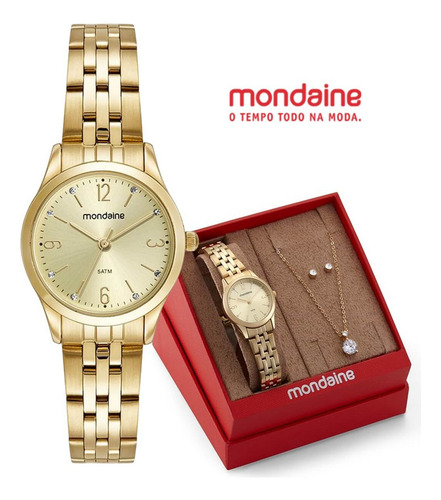 Kit Relógio Mondaine Pequeno Dourado E Colar De Cristal 32720lpmkde1k1