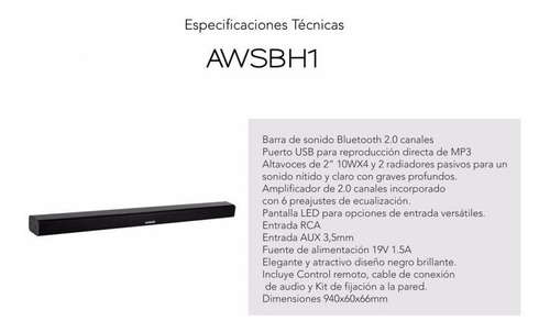 Imagen 2 de 3 de Barra De Sonido Aiwa Awsbh1 Bluetooth 40w 2.0ch Usb Aux