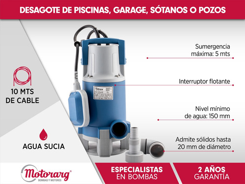 Imagen 3 de 9 de Bomba Desagote Agua Sucia Motorarg Sapas 900 900 Watts