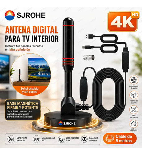 Sjrohe Antena Digital Para Tv Abierta 8k 4k 1080p Apto Para Uso En Interiores Y Exteriores Cable De Conexión De 5 Metros Amplificador De Señal De Tv Alcance De Recepción 209 Kilómetros Color Negro