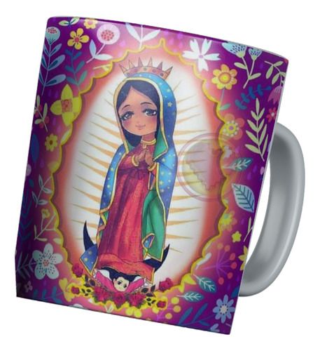 Taza Virgen Maria Fondo Morado Con Flores, Regalo, Relig M42