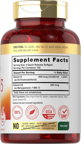 Vitamina K2 Con D3 10,000 Ui Carlyle 300 Softgels Eeuu
