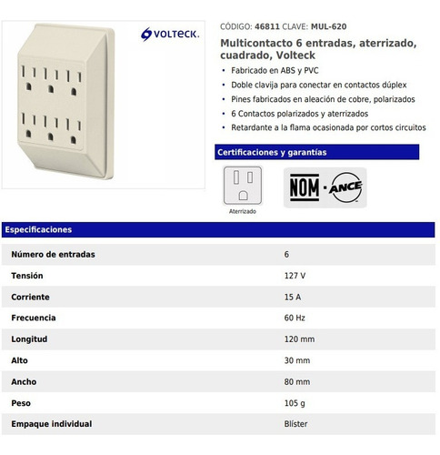 Multicontacto 6 Entradas Aterrizado Cuadrado Adaptador