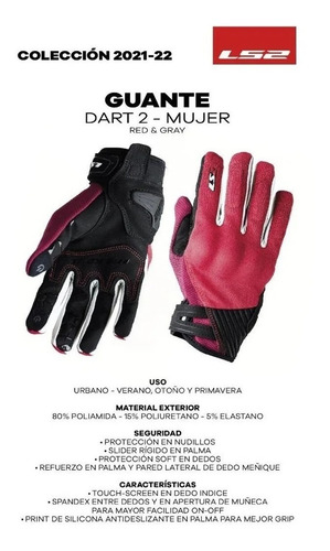 Imagen 6 de 9 de Guantes Moto Cortos Ls2 Dart 2 Mujer Rojo Gris