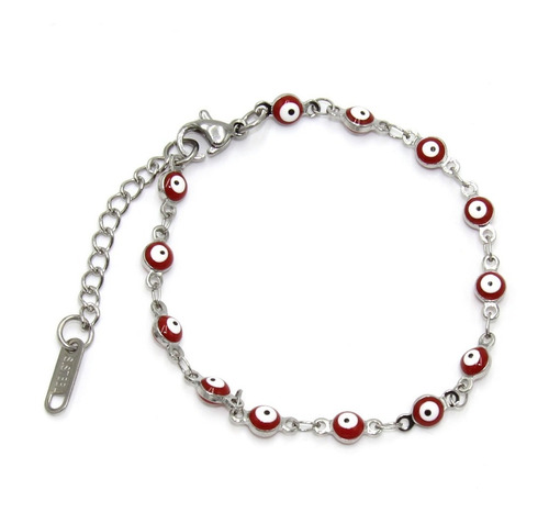 Pulsera Acero Plateado Ojo Turco Nazar 4 Mm Rojo Amor