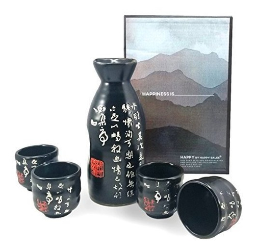 Happy Sales Hsss-pmb07, 5 Pc Sake Set Calligraphy Black & Wh