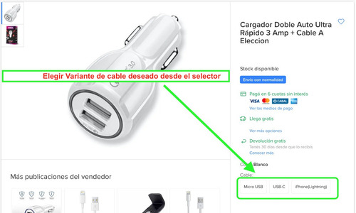 Imagen 3 de 7 de Cargador Doble Auto Ultra Rápido 3 Amp + Cable A Eleccion