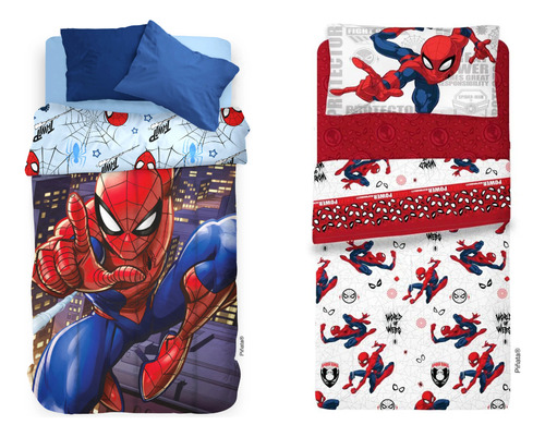 Kit Acolchado + Juego De Sabanas Piñata 1 1/2 Plaza Azul Hombre Araña Spiderman