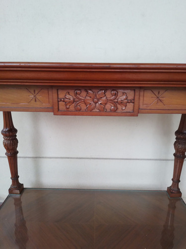 Antigua Mesa De Madera Tallada Con Ruedas De Bronce,m Buena! (Usado)