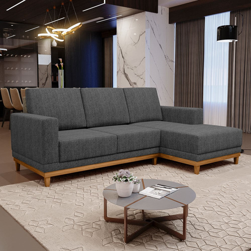 Sofá Kayrós 200cm 3lcom Chaise Esquerdo Linho Chumbo Cor Cinza Desenho do tecido Liso