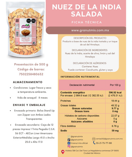 Nuez De La India Salada (500g) Granut Mix 100% Natural