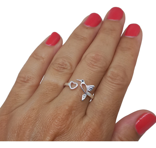 Anillo Regulable De Plata 925 Dije Colibrí Y Corazón Calado