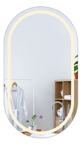 Espelho Jateado Oval Iluminado Com Led Touch Screen 100x50cm Moldura Branco Quente 3000k