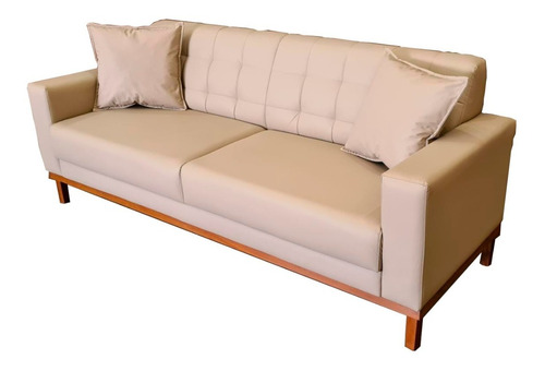 Sofa Gomu 210cm Pé Base Madeira Eco Linho Bege