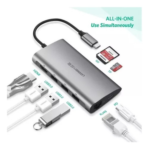 Hub Ugreen Cm121 Usb C A 3xusb3.0a + Hdmi + Rj45 + Sd/tf+ Pd