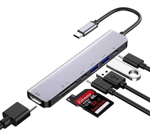 Hub Adaptador 7 Em 1 Usb Tipo C Com Hdmi 4k Macbook Pro/air