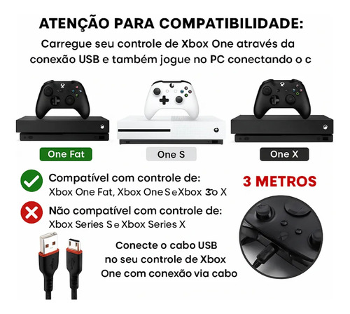 Cabo Controle 3m Compatível Xbox One S Fat Jogar Pc Note Usb
