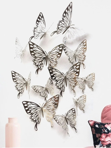 Mariposas 3d Pegatinas Pared, 12 Unidades Para Decorar Color Plateado