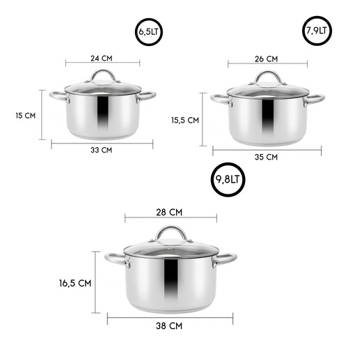 Batería Olla Cacerola Acero Inoxidable Induccion Grande 3pz