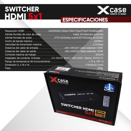 Switch Hdmi Xcase De 5x1 Resolucion Full Hd 3d Metalico