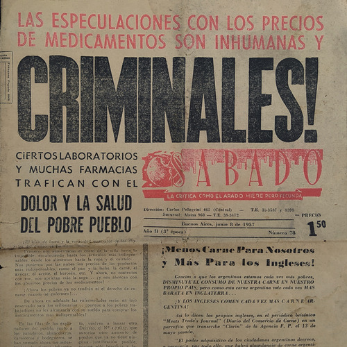 Diario Sábado 8 Junio 1957 Criminales! Especulaciones Medica