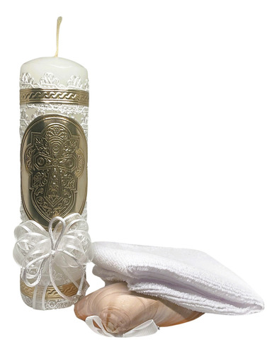 Kit De Bautizo Vela Cubierta Con Repujado, Concha Y Toalla