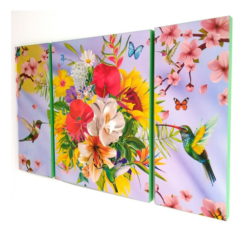 Imagen 2 de 4 de Cuadro Decorativo Colibríes Aves Tríptico 80x50cm