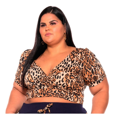 Blusinha Plus Size Feminina Manga Curta Bufante Cropped Onça