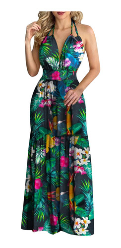 Vestido De Fiesta Mujer Estampado Tropical Halter Sin Espald