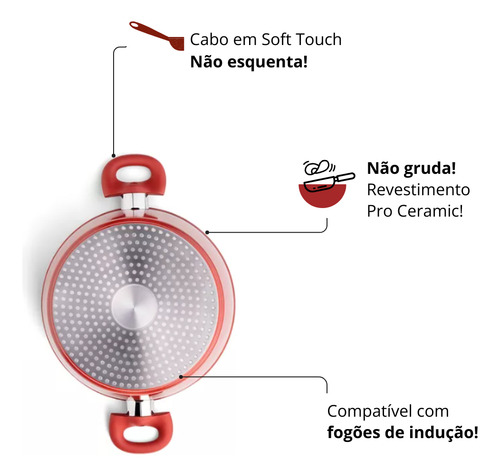 Jogo de Panelas 5 Peças Ceramic Life Optima Vermelho Carmin com Fundo de Indução - Brinox