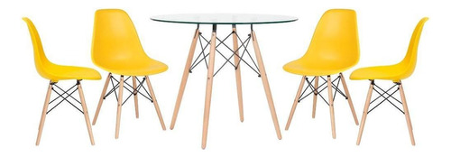 Kit Mesa De Vidro Eames Wood 90 Cm 4 Cadeiras Eames Dsw Tampa Amarelo