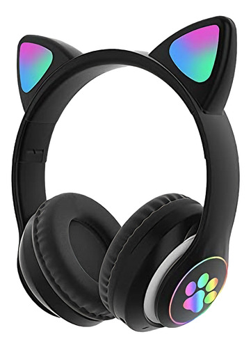 Auriculares Oreja Huella Gato Bluetooth Luz Rgb Niños Gatito Negro