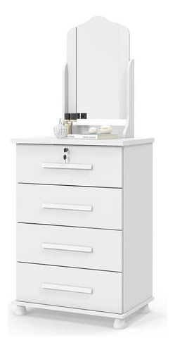 Cómoda con espejo con 4 cajones, decoración de habitación individual y doble, color blanco