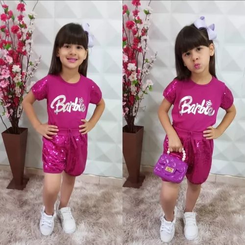 Conjunto Infantil Barbie Girl Blusa e Saia com Paetês Roupa da