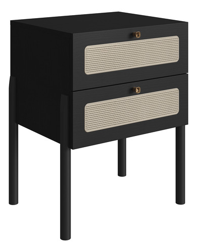 Mesa Cabeceira 02 Gaveta Telinha Pés Madeira Moss Nero Preto