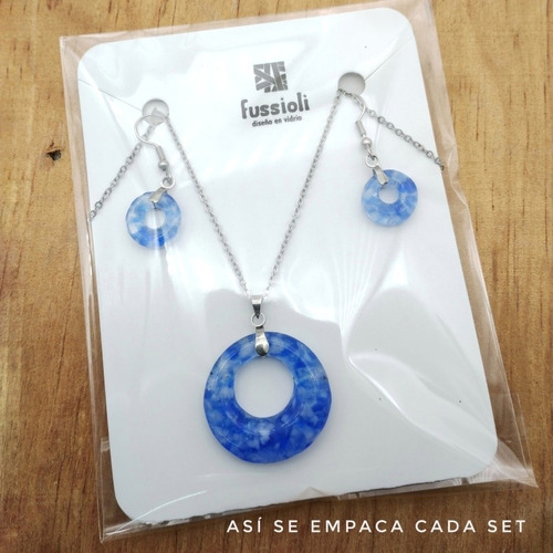 Set Collar Y Aretes Aura Con Dona De Vidrio Cadena De Acero