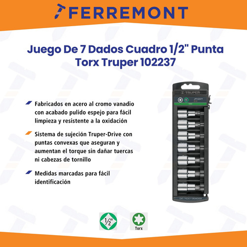 Juego De 7 Dados Cuadro 1/2 Punta Torx Truper 102237