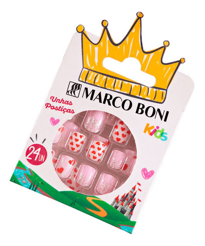 Kit Unhas Postiças Infantil Com 24 Un Autocolante Princesa Cor Rosa